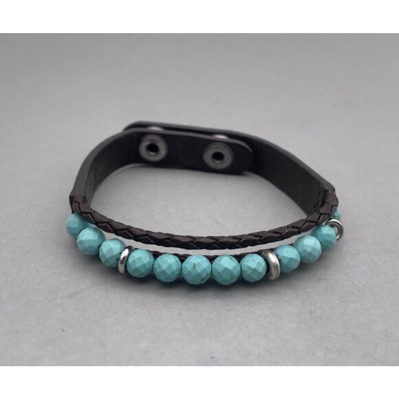 Fossil Faux Turquoise Beaded Leather Bracelet Snap Closure Adjustable - Picture 2 of 7
